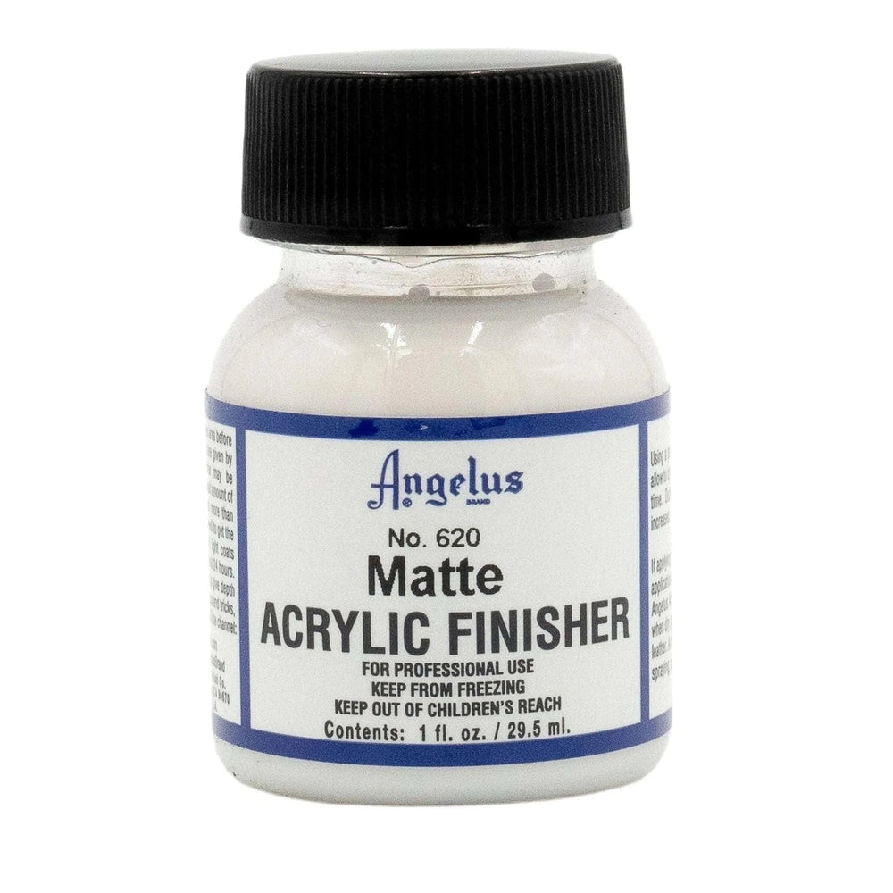 Matte Acrylic Finisher Angelus 29.5 ml intr-o sticluta transparenta cu capac negru si eticheta alba cu chenar albastru inchis.