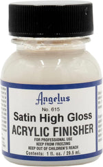 Satin High Gloss Acrylic Finisher Angelus 29.5 ml intr-o sticluta transparenta cu capac negru si eticheta alba cu chenar albastru inchis.