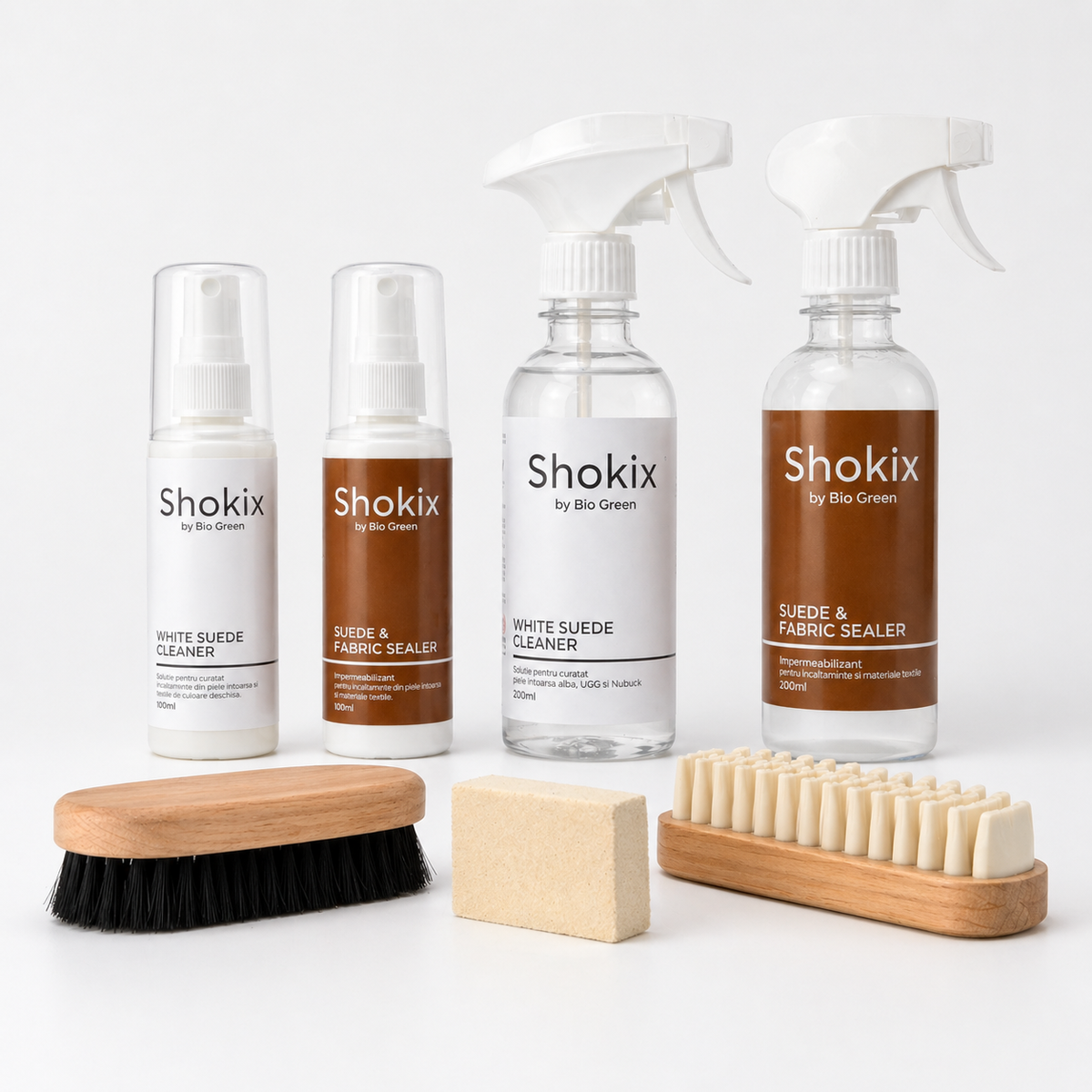 Suede Master Kit complet cu White Suede Cleaner 100 ml si 200 ml, Suede Fabric Sealer 100 ml si 200 ml, plus accesorii pentru piele intoarsa
