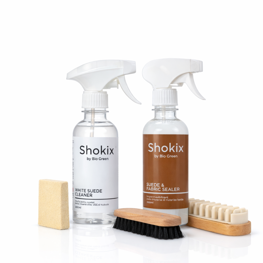 Set Shokix pentru impermeabilizare piele intoarsa si curatare UGG, cu White Suede Cleaner 200 ml, sealer si accesorii