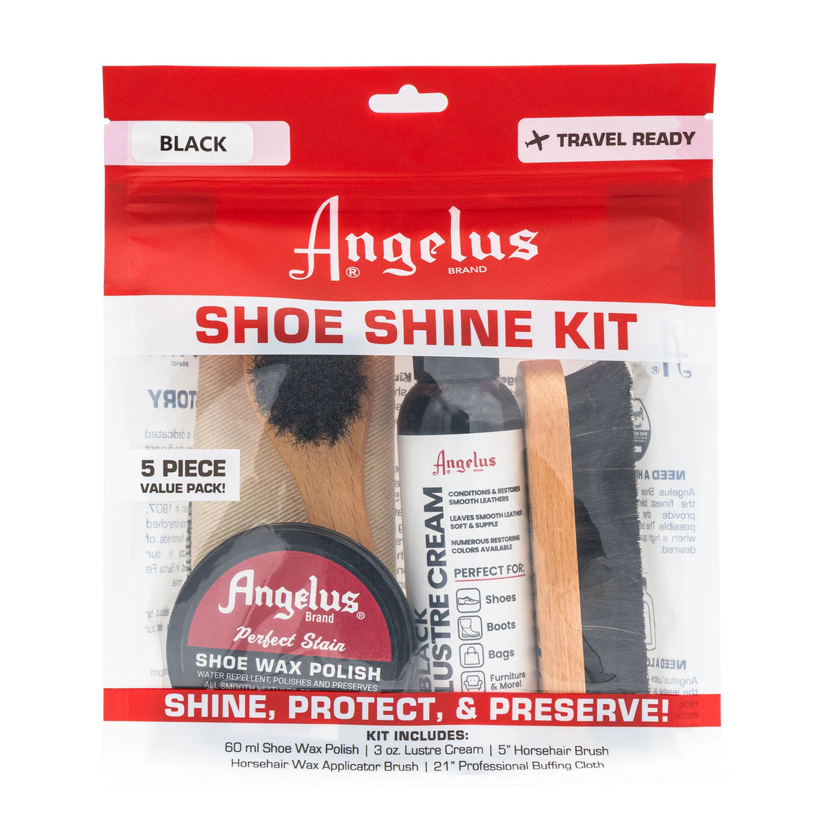 Kit Angelus pentru lustruirea pantofilor din piele neagră, 5 piese