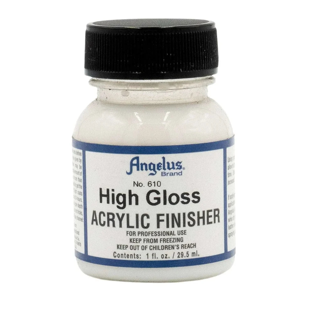 High Gloss Acrylic Finisher Angelus 29.5 ml intr-o sticluta transparenta cu capac negru si eticheta alba cu chenar albastru inchis.
