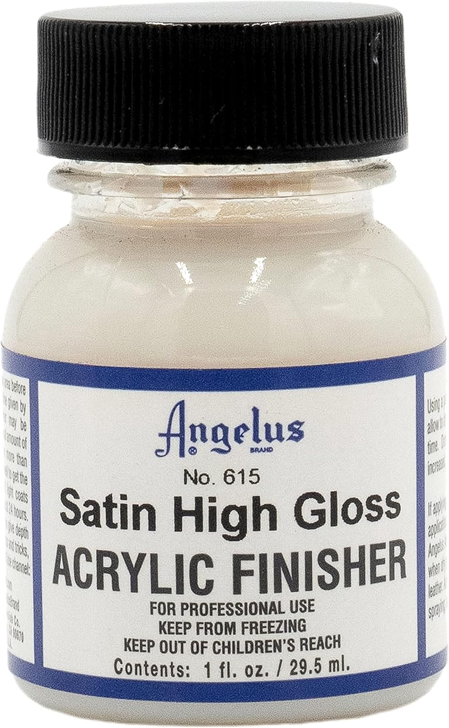 Satin High Gloss Acrylic Finisher Angelus 29.5 ml intr-o sticluta transparenta cu capac negru si eticheta alba cu chenar albastru inchis.