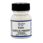 Satin Acrylic Finisher Angelus 29.5 ml intr-o sticluta transparenta cu capac negru si eticheta alba cu chenar albastru inchis.