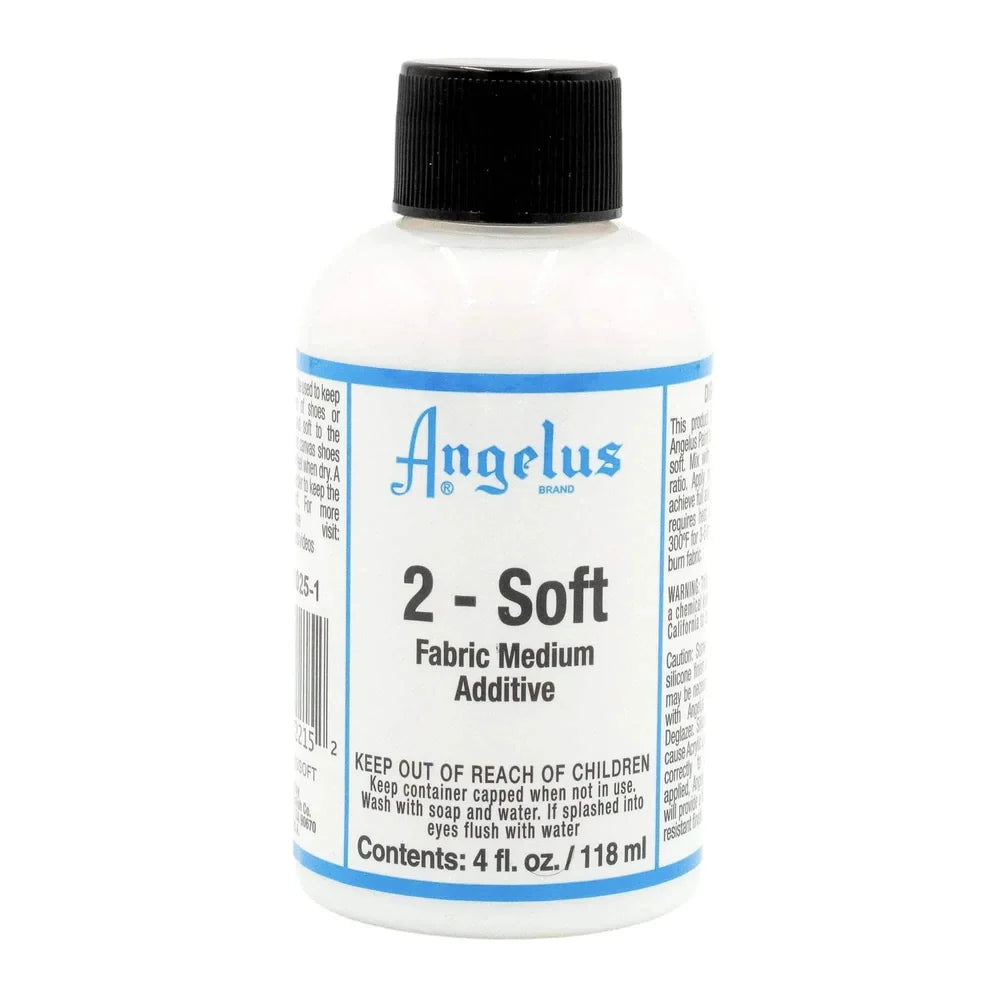 Sticla de 118ml Angelus brand, aditiv 2-soft pentru textile, capac negru, eticheta albastra cu chenar albastru deschis