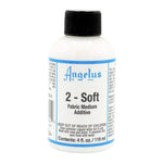Sticla de 118ml Angelus brand, aditiv 2-soft pentru textile, capac negru, eticheta albastra cu chenar albastru deschis